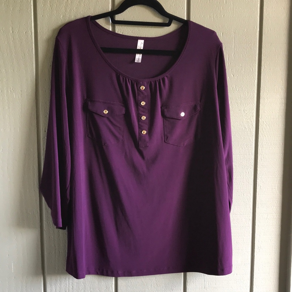 PerSeption Brand Women's 2X Purple Blouse w/Gold Button Detail-NWOT